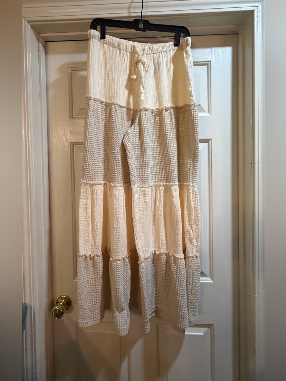 POL Cream Tiered Hobo Drawstring Waist Palazzo Pants NWT Large #boho Hippy